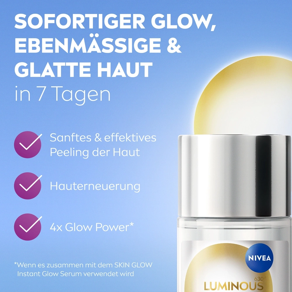 Nivea-Produkt wirbt für sofortigen Glow, ebenmäßige & glatte Haut in 7 Tagen.