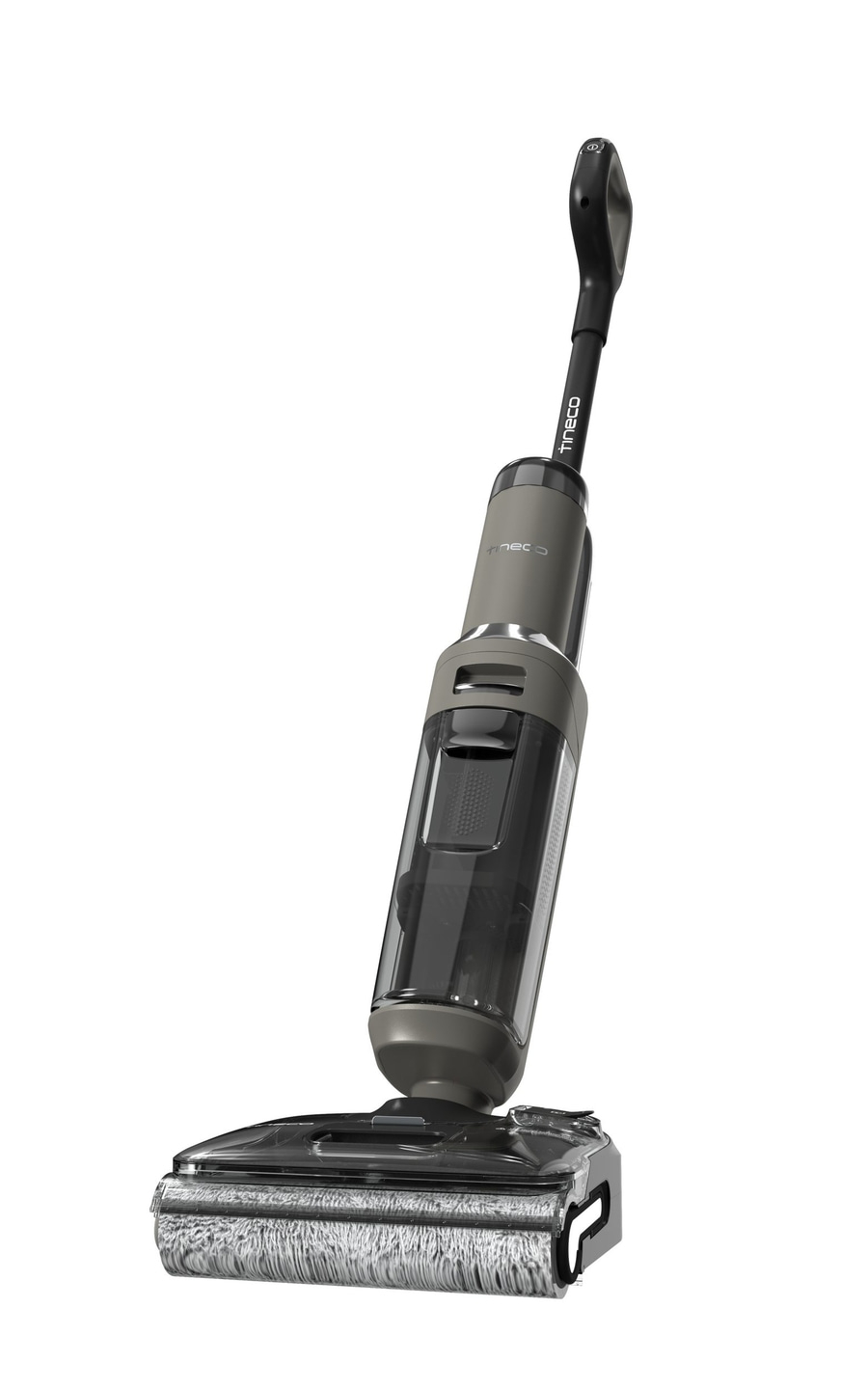 Ein grauer und schwarzer Nass- und Trockensauger mit einer Walzenbürste und einem transparenten Schmutzbehälter.