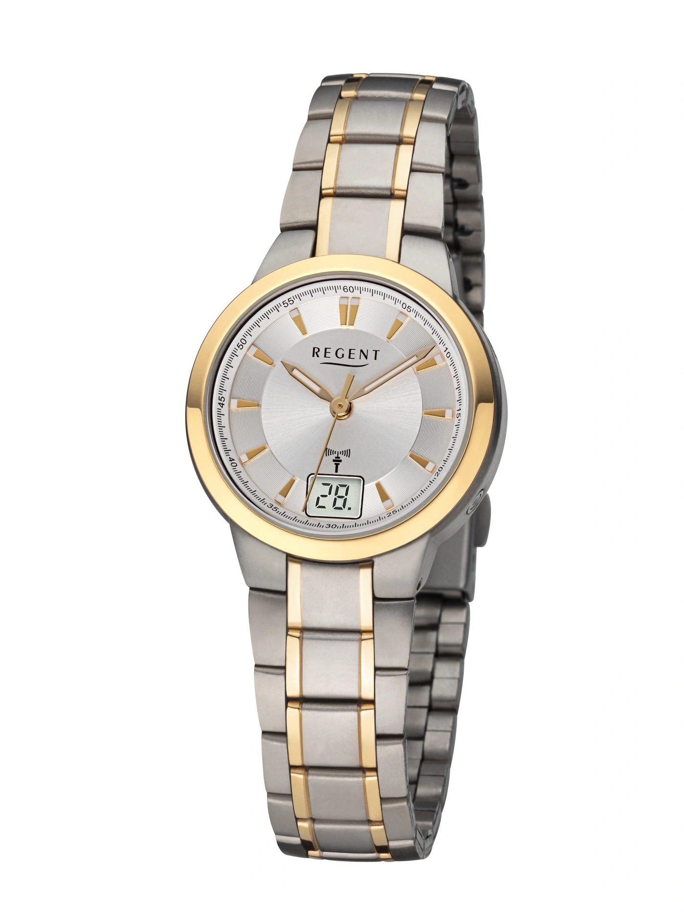 REGENT FR-271 Funkuhr Damenuhr 30mm Titan Bicolor Analog Digital Datum B-WARE