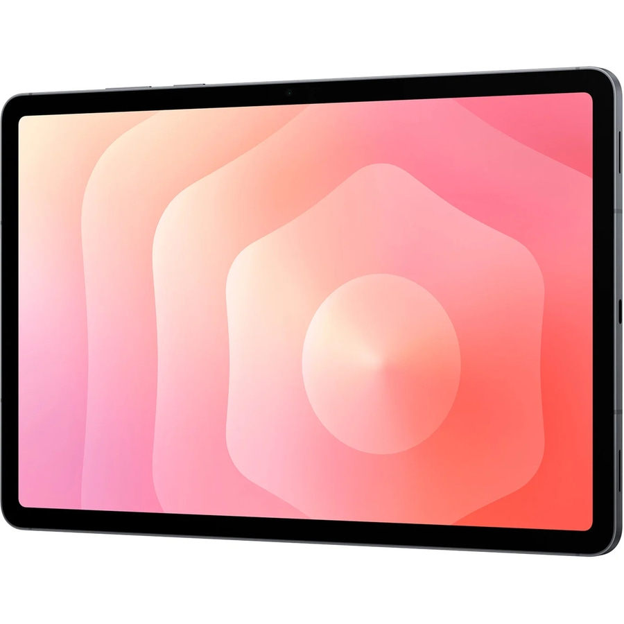 Ein Tablet mit einem abstrakten rosa und orangen Hintergrund auf dem Bildschirm.