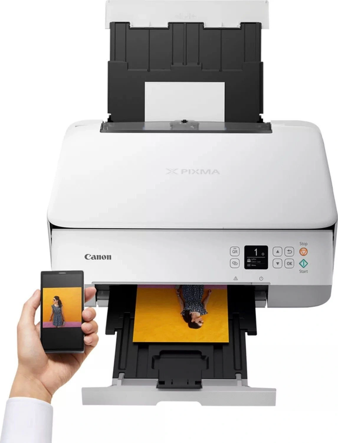 Canon Pixma Drucker, der ein Foto von einem Smartphone druckt.