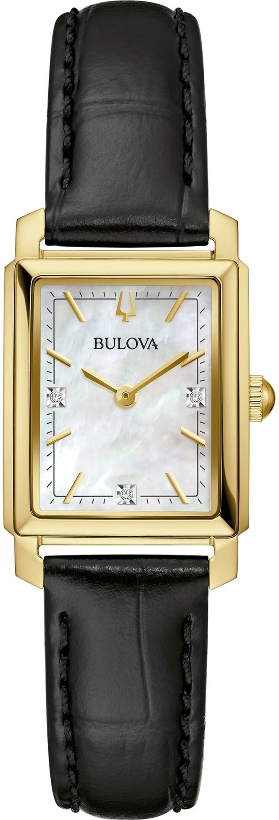 Goldene Bulova Damenuhr mit schwarzem Lederarmband und Diamanten auf dem Zifferblatt.