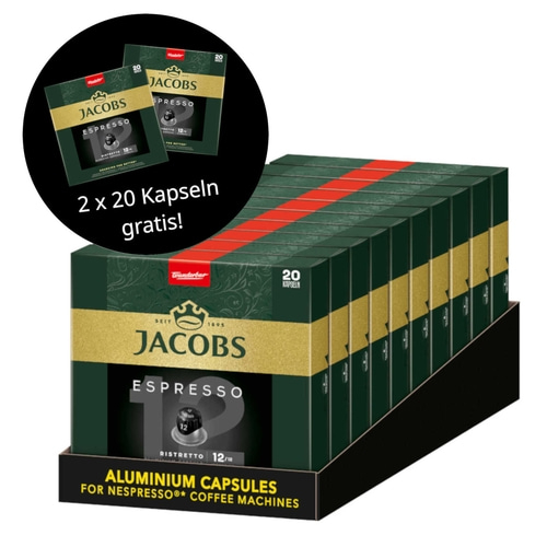 JACOBS Kapseln Espresso 12 Ristretto 10x 20 Nespresso®* kompatibel +2x 20 gratis