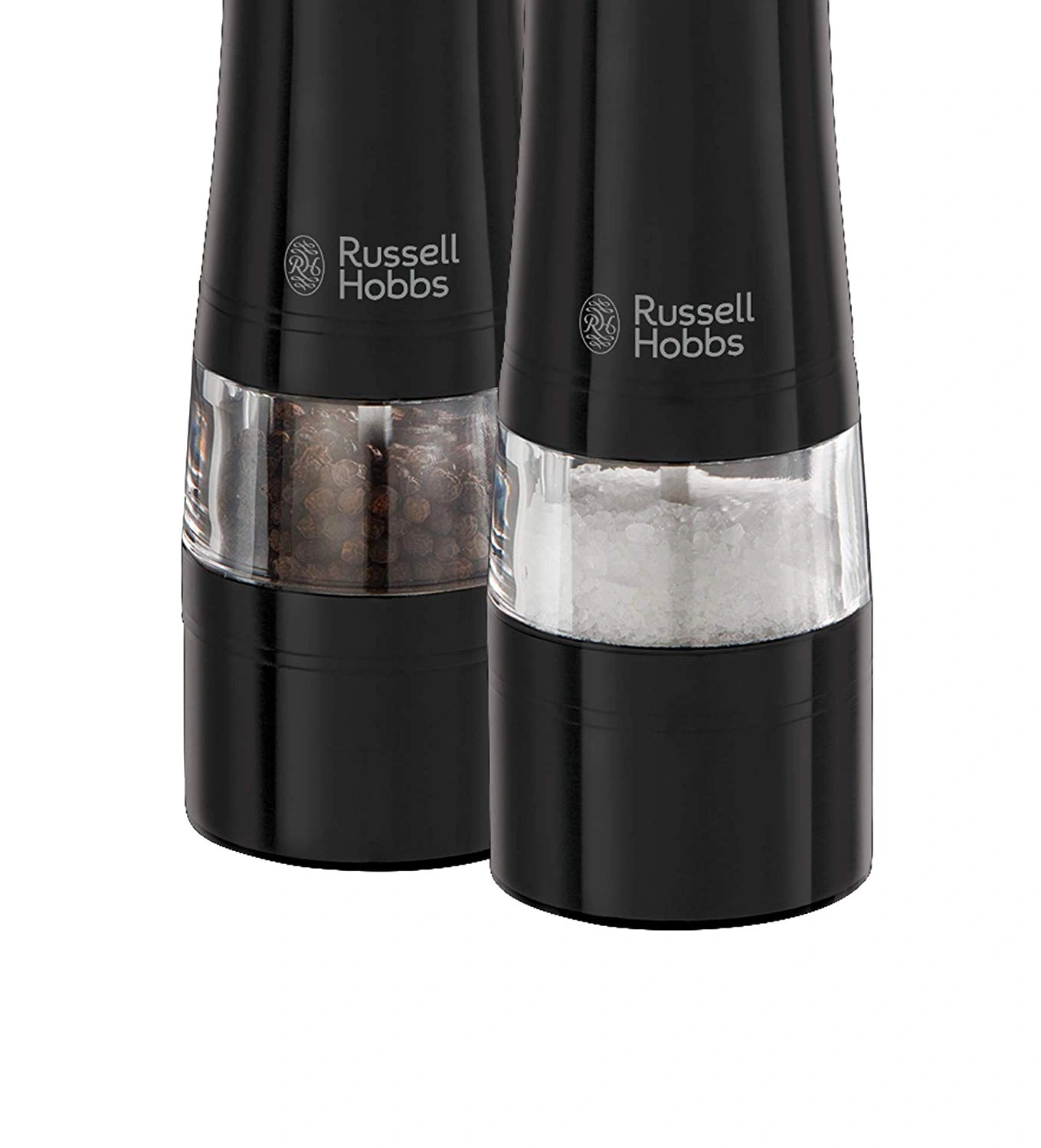 Schwarze Pfeffermühle und Salzmühle von Russell Hobbs, Nahaufnahme, isoliert