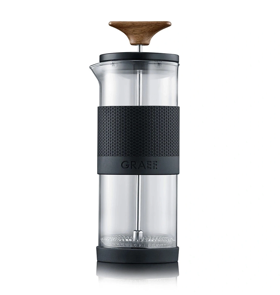 Eine transparente French Press Kaffeemaschine von Graef mit Holzgriff und schwarzem Griffband.