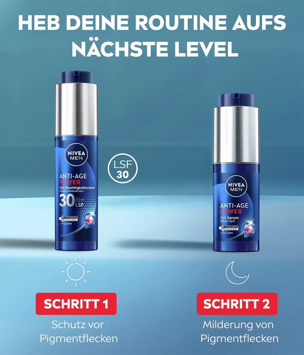 Nivea Men Anti-Age Power: Schutz vor Pigmentflecken am Tag und Milderung in der Nacht.