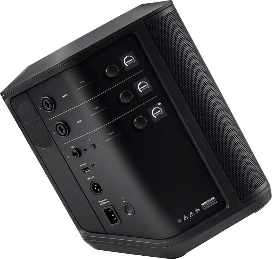 Schwarzer Lautsprecher mit Knöpfen und Anschlüssen für Audioeingang und -ausgang.