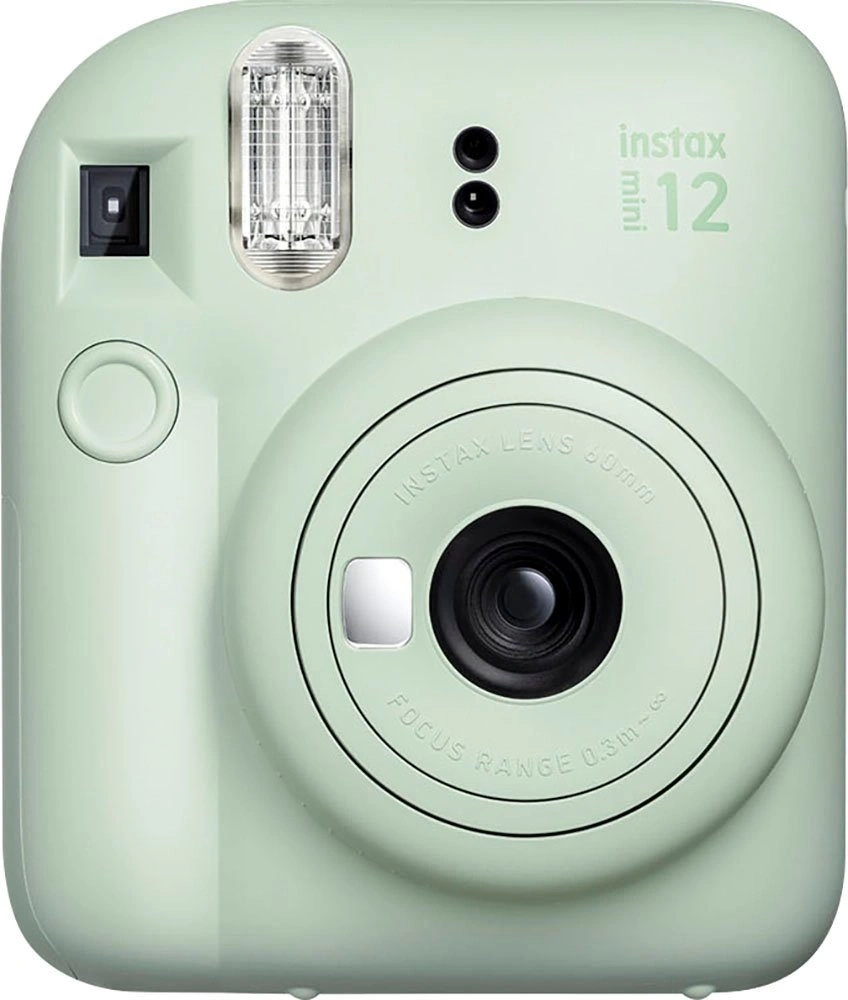 Eine hellgrüne Instax Mini 12 Sofortbildkamera mit Blitz und Linse.