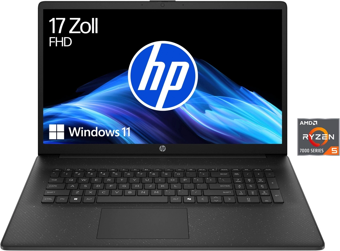 Ein schwarzer HP Laptop mit Windows 11 und AMD Ryzen 7000 Serie S Prozessor.