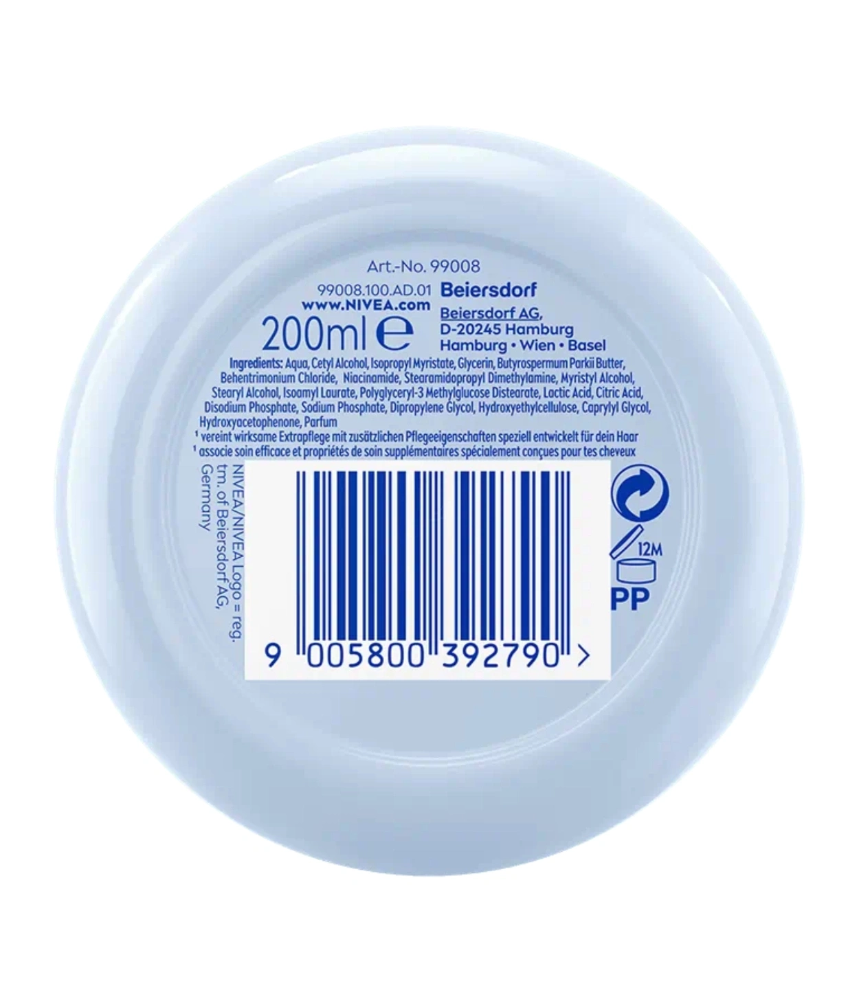 Nivea Dose mit Barcode und Produktinformationen, 200ml Inhalt.