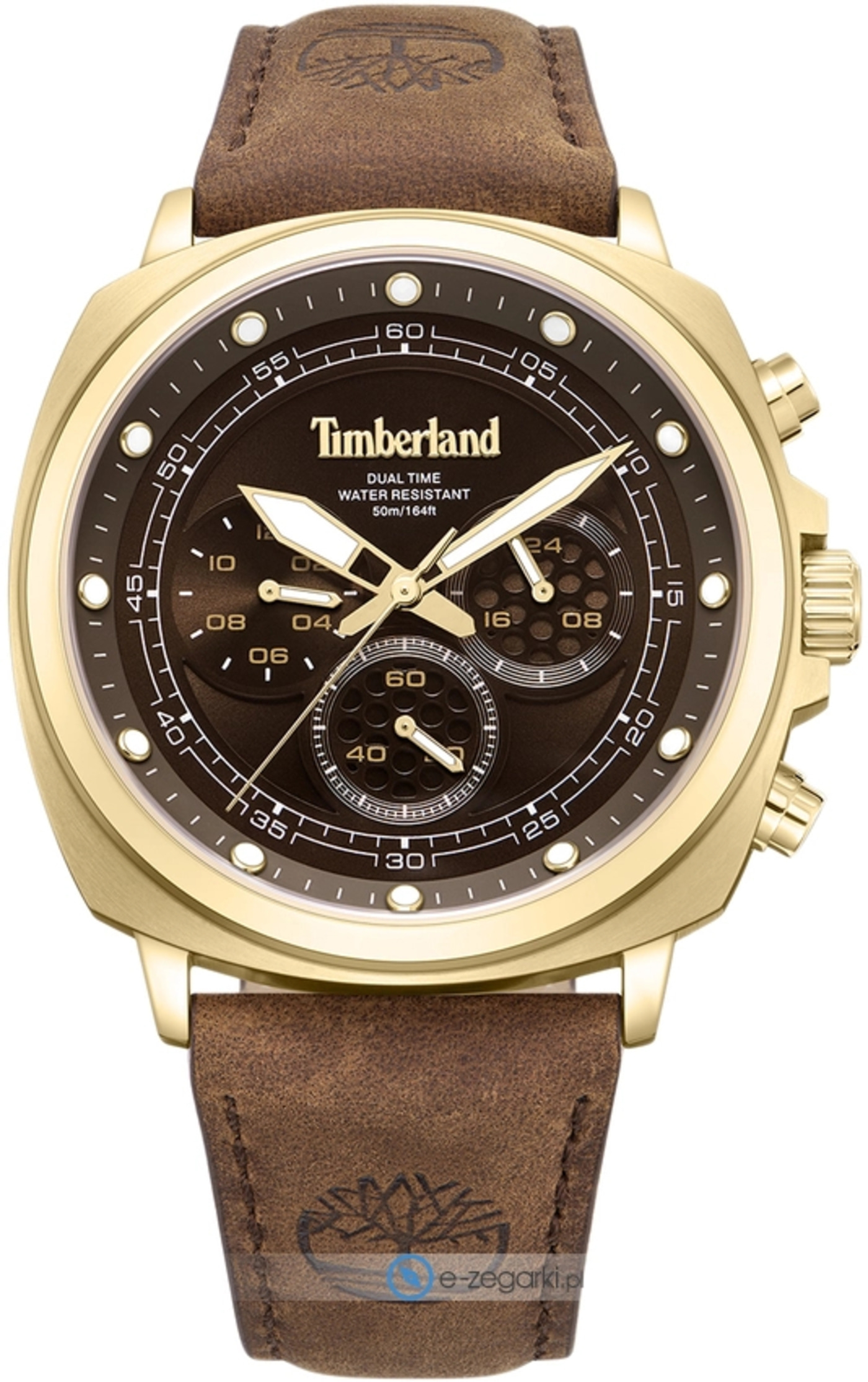 Goldene Timberland Uhr mit braunem Lederarmband und dunklem Zifferblatt.