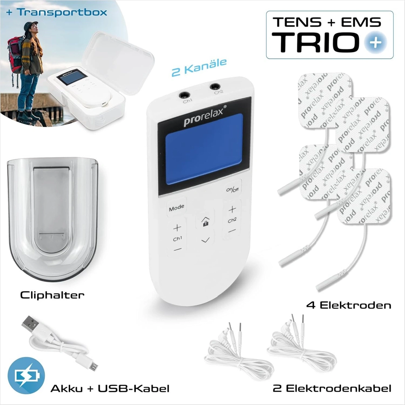 TENS + EMS TRIO Gerät mit Zubehör: Elektroden, Kabel, Transportbox.