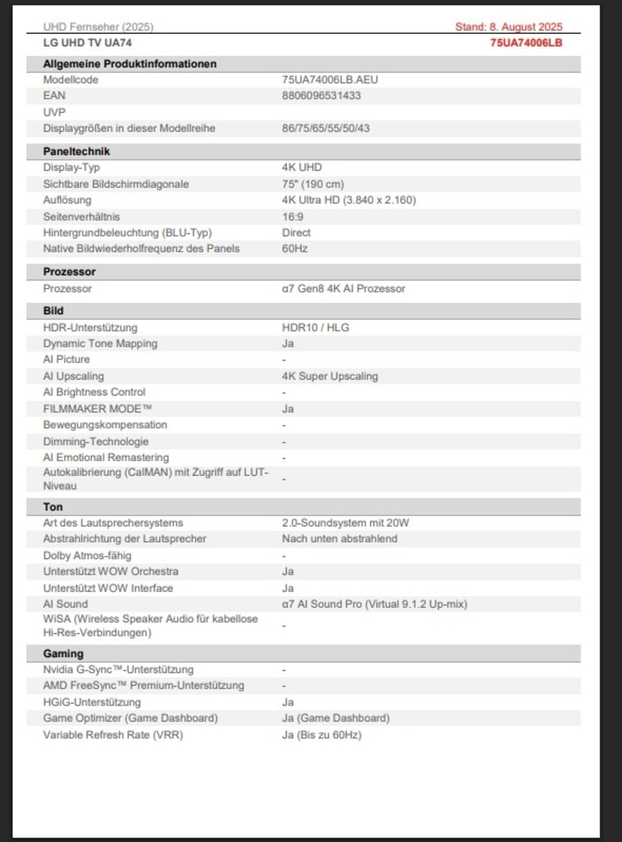 LG TV 75UA74006LB LED-Fernseher 189 cm/75 Zoll 4K Ultra HD Smart-TV 60 Hz B-WARE