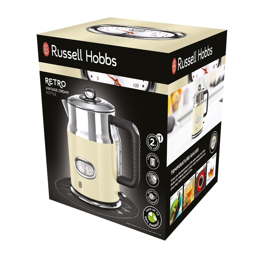Retro-Wasserkocher von Russell Hobbs, Vintage Cream, Temperaturanzeige, Energie sparen.