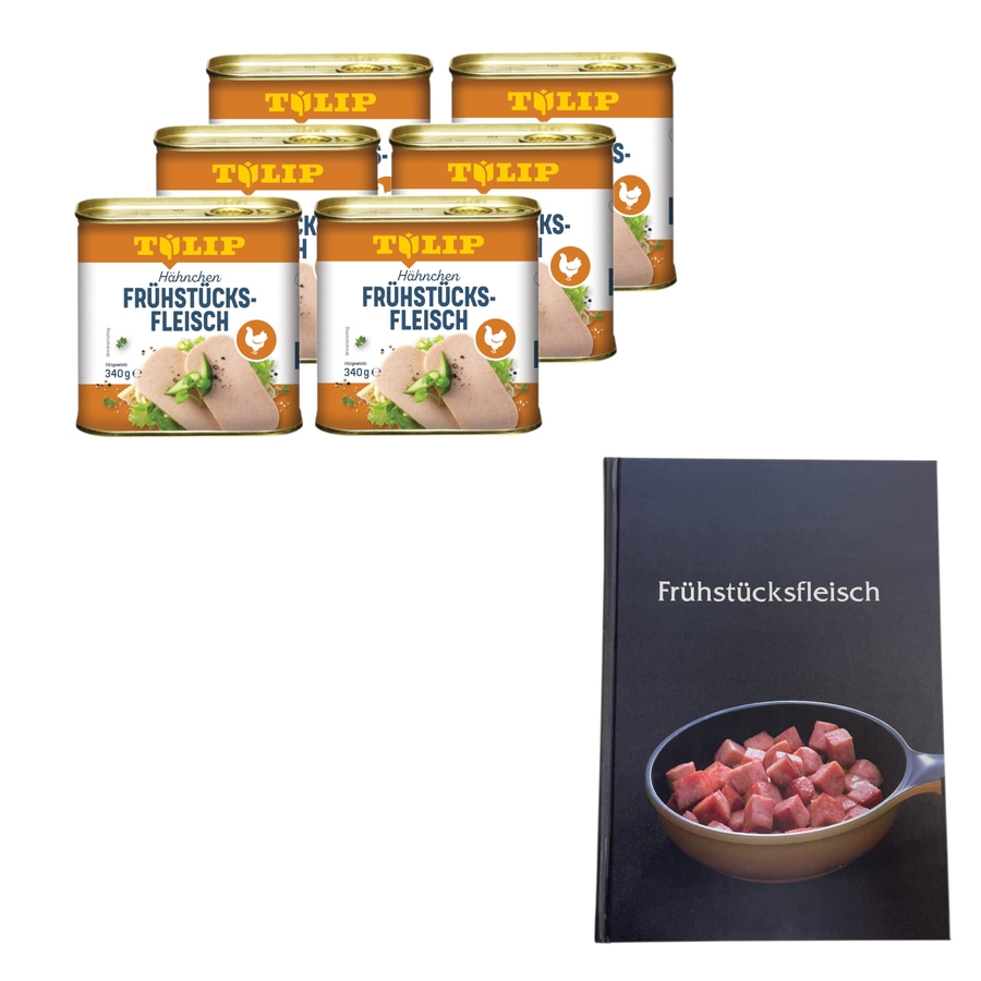Dosen mit Hähnchen Frühstücksfleisch und ein Buch mit dem Titel Frühstücksfleisch.