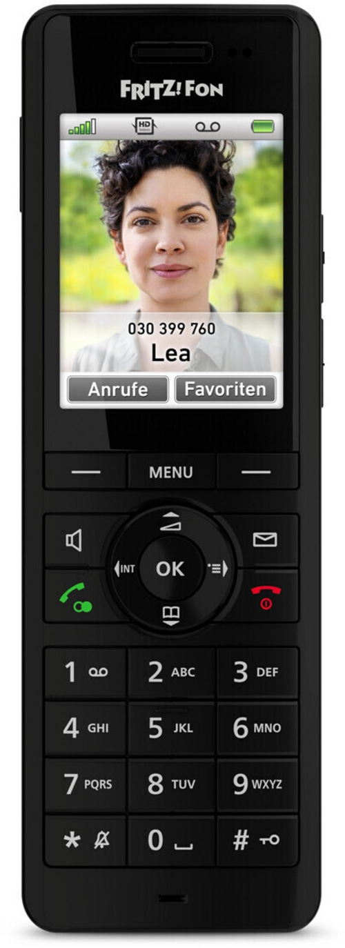 FRITZ!Fon Telefon mit Display, Lea, Anrufe, Favoriten, Menü, Tastenfeld, HD-Anzeige, Telefonieren