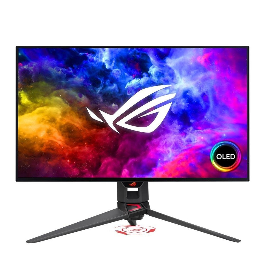 Ein moderner Gaming-Monitor mit einem bunten Hintergrund und dem ROG-Logo.