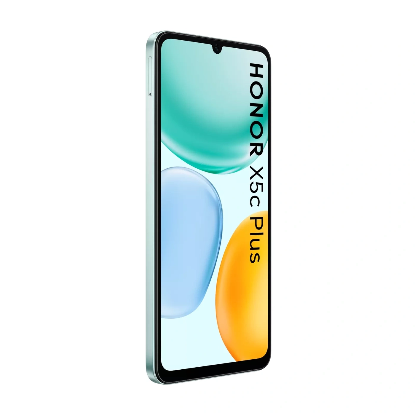 Ein HONOR X5c Plus Smartphone mit einem türkisfarbenen Hintergrund auf der rechten Seite.