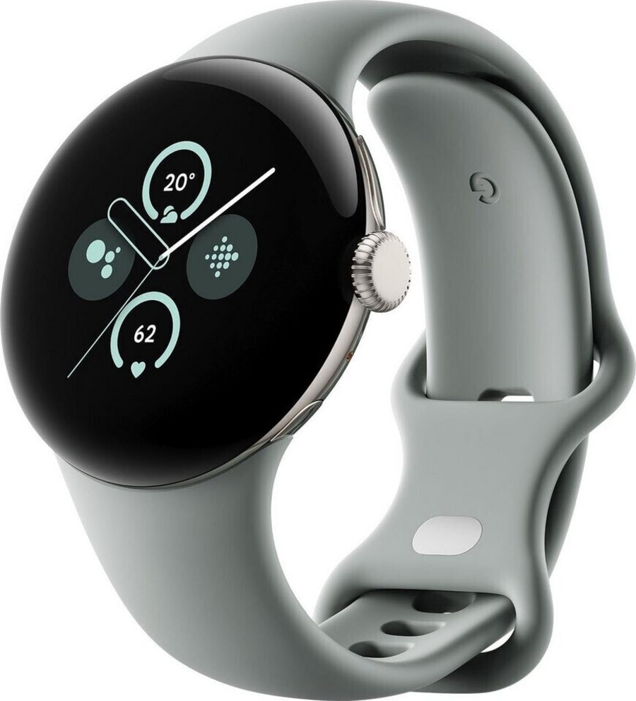 Graue Google Pixel Smartwatch mit rundem Display und verschiedenen Widgets