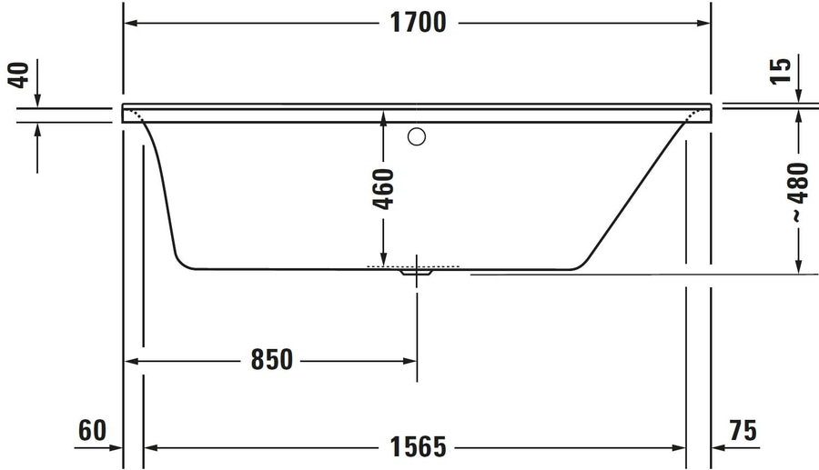 Badewanne mit Maßen: 1700, 460, 480, 850, 1565, 40, 60, 75, 15
