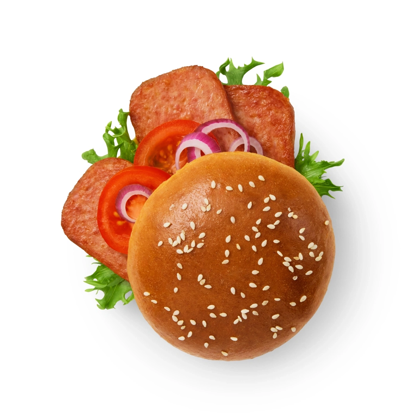 Ein Burger mit Fleisch, Tomaten, Zwiebeln und Salat auf einem Brötchen.