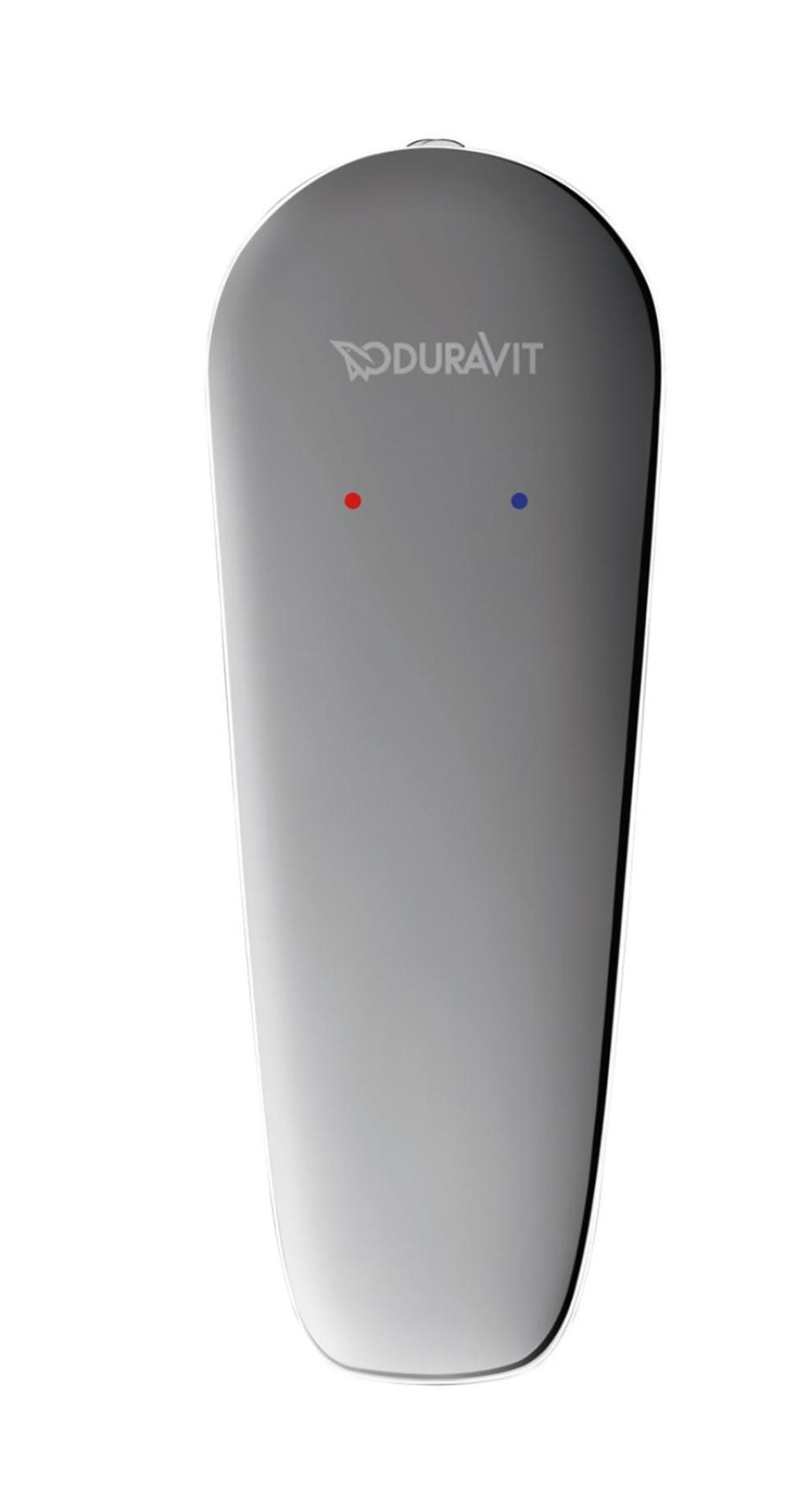 Graue Armatur mit Duravit-Logo und roten und blauen Punkten.