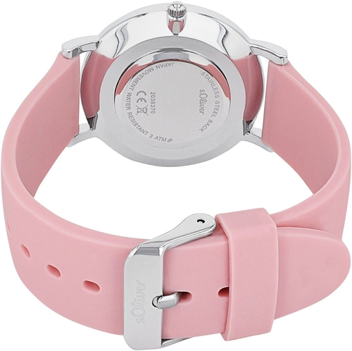 Rosa Uhr mit Edelstahlgehäuse und Armband. s.Oliver-Logo.