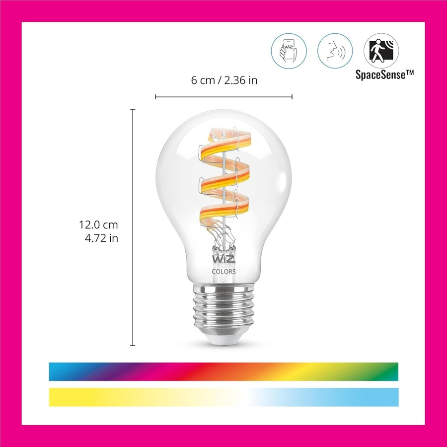 Glühbirne mit SpaceSense-Technologie, 6 cm breit und 12 cm hoch, mit Farbauswahl.