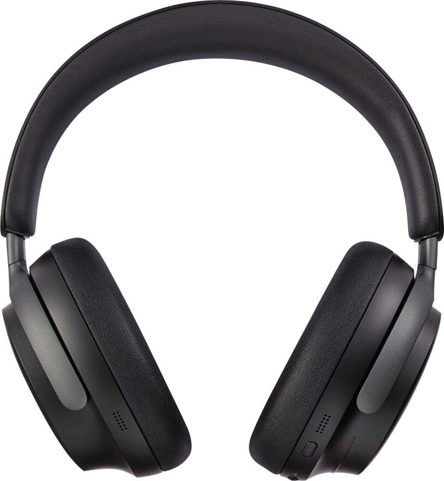 Schwarze Kopfhörer mit gepolstertem Bügel und Ohrmuscheln, Nahaufnahme