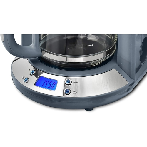 Kaffeemaschine mit digitaler Anzeige, Uhrzeit 14:50, graues Design, Glasbehälter, 4-6 Tassen