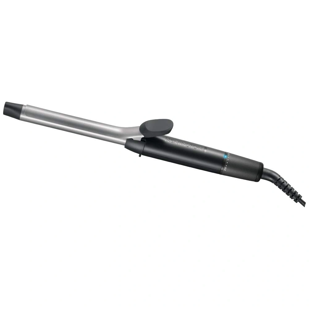 Ein Remington Lockenstab mit schwarzem Griff und silberner Heizfläche.