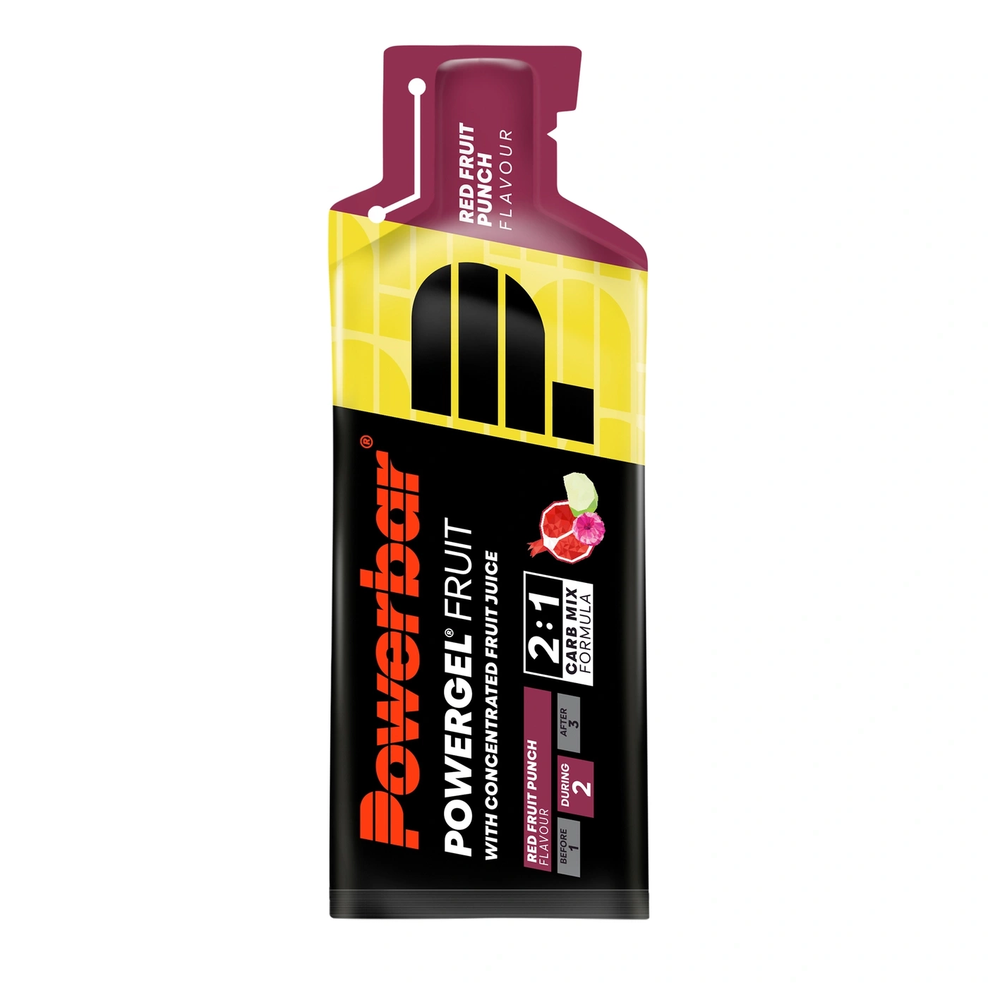Powerbar Energiegel Beutel mit rotem Fruchtgeschmack, 2:1 Kohlenhydrat-Formel.