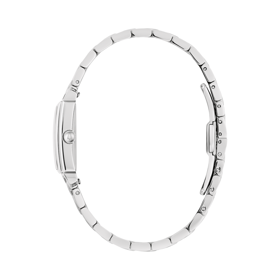 Silberne Damenuhr, rechteckiges Zifferblatt, Metallarmband, Seitenansicht, Detailaufnahme, elegant