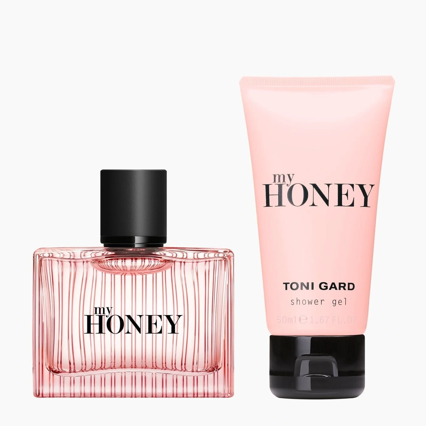 Rosa Parfümflasche und Duschgel-Set mit dem Aufdruck 'my HONEY' von Toni Gard.