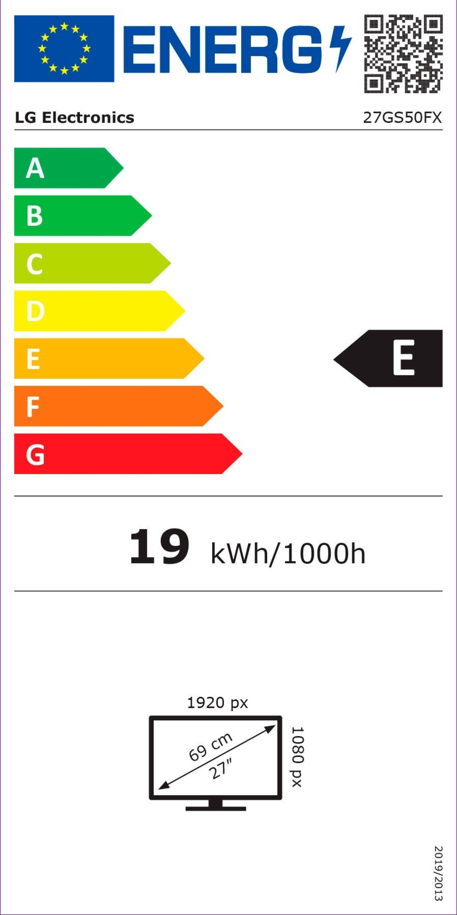 Energieeffizienzlabel für LG Electronics Fernseher, Energieklasse E, 19 kWh/1000h, 27 Zoll