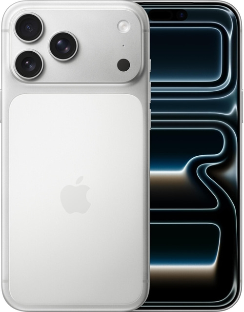 Ein silbernes iPhone mit drei Kameras und einem Apple-Logo auf der Rückseite.