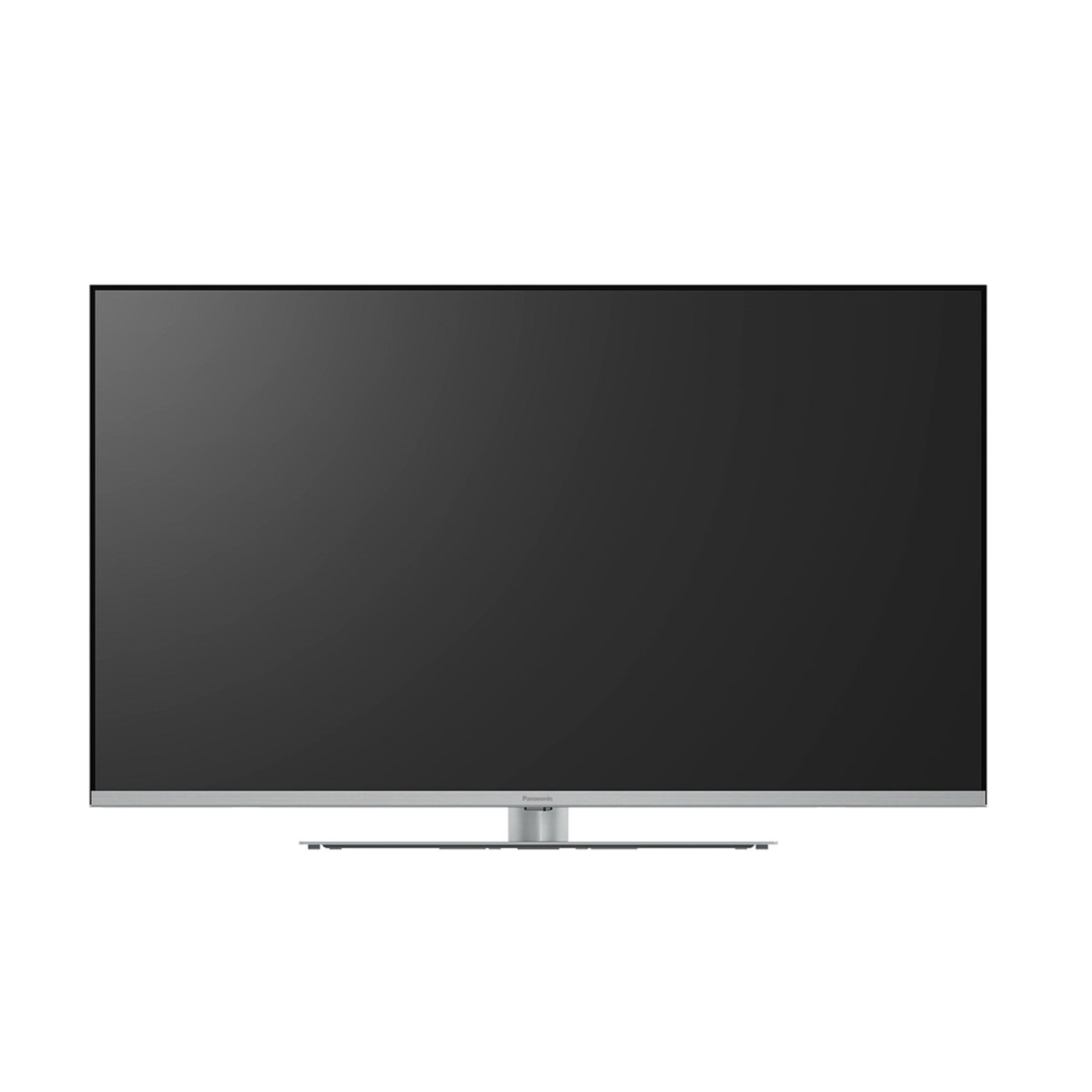 Ein großer, schwarzer Fernseher mit silbernem Rahmen und Standfuß.