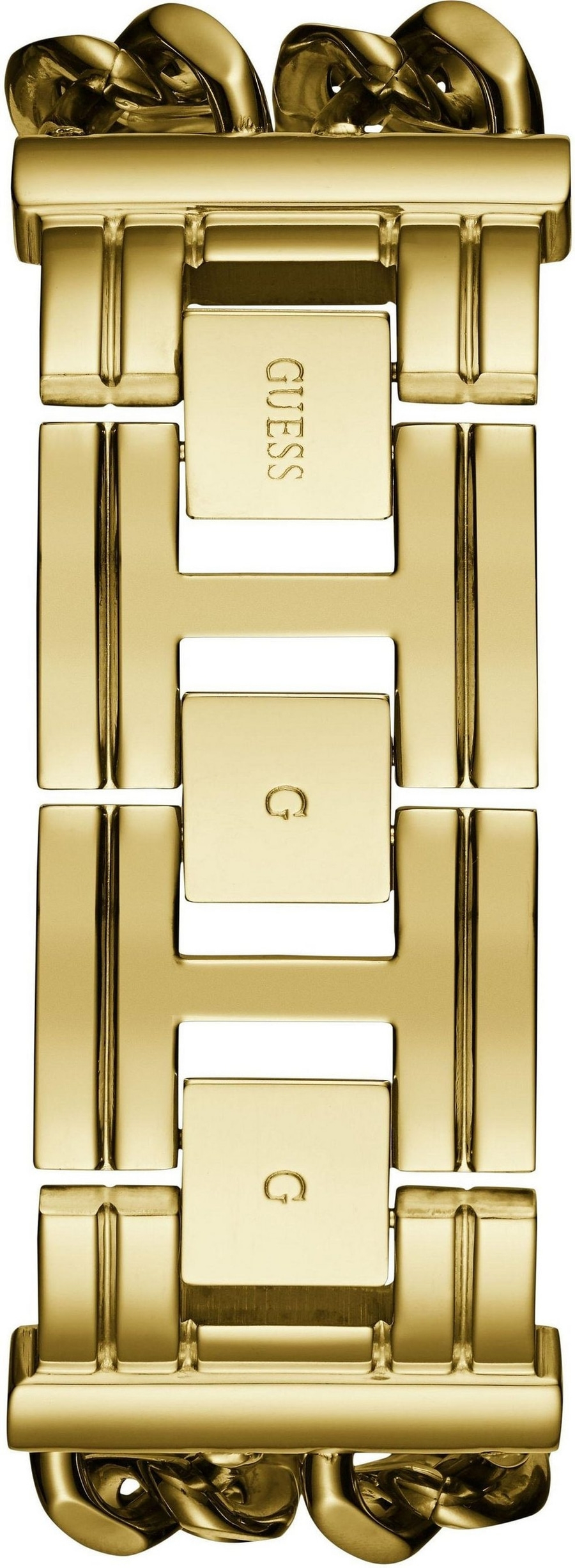 Goldene Armbanduhr mit Guess-Logo und G-Symbolen, Nahaufnahme, glänzend.