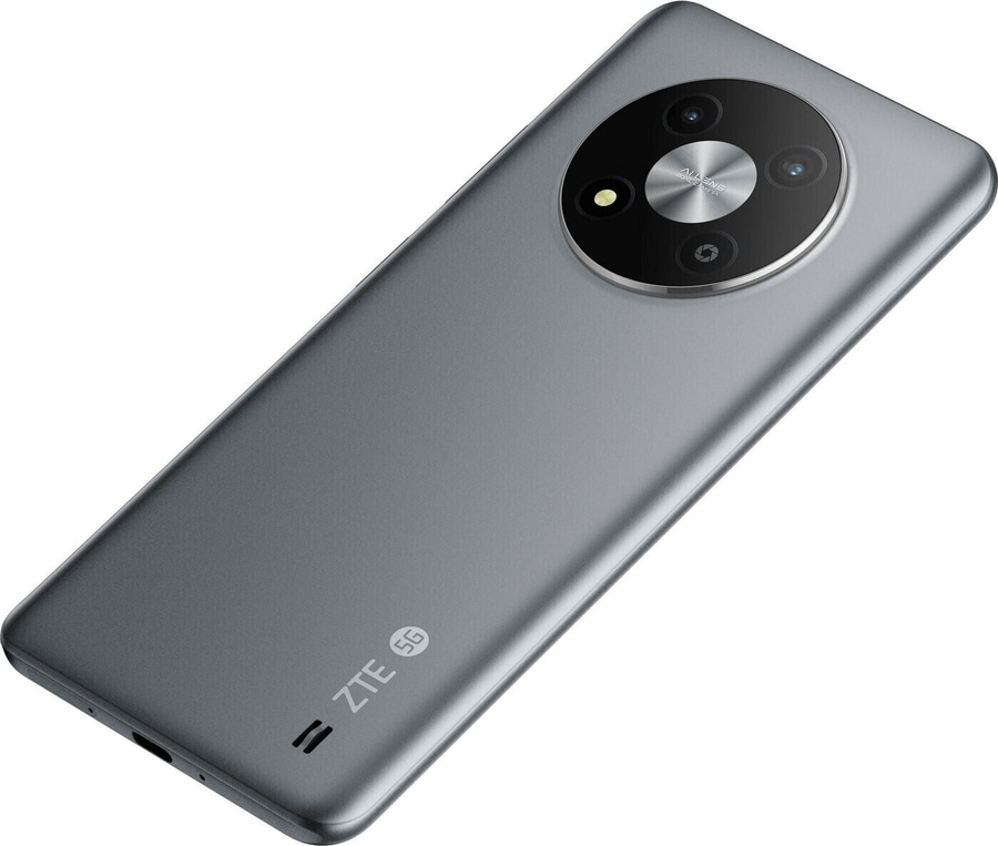Graues Smartphone mit kreisförmiger Kamera und ZTE-Logo, 5G-fähig.