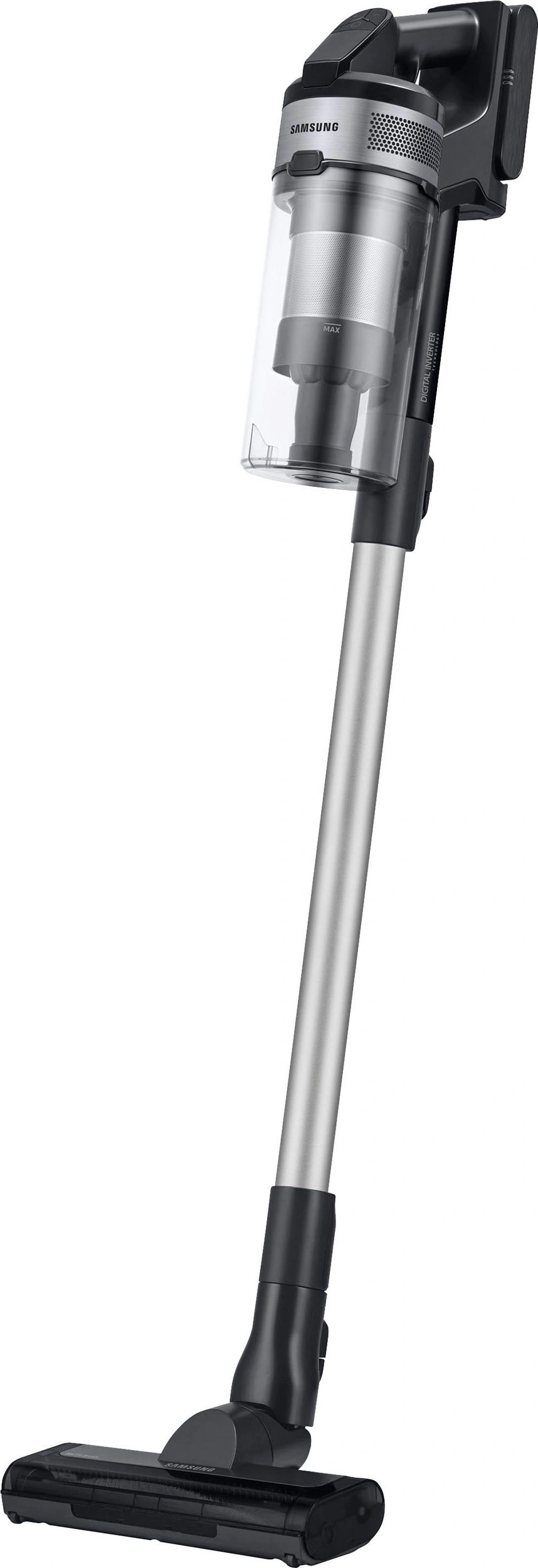 Ein Samsung Handstaubsauger mit silbernem Rohr und schwarzem Bürstenkopf