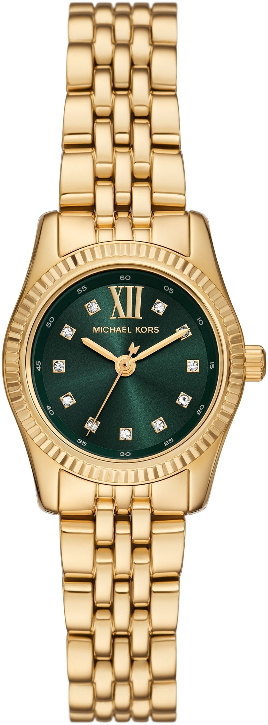 Goldene Michael Kors Damenuhr mit dunkelgrünem Zifferblatt und Kristallsteinen.