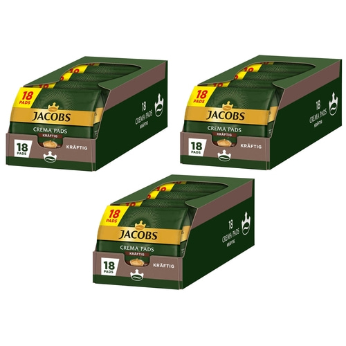 Drei Jacobs Crema Pads Packungen mit 18 Pads, kräftig, Kaffee