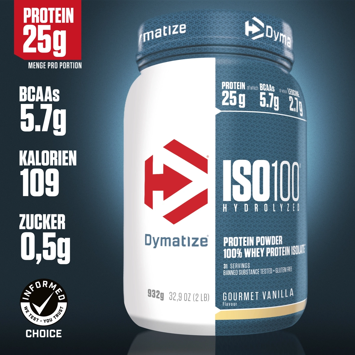 Ein Behälter Dymatize ISO100 Hydrolyzed Gourmet Vanilla Protein Pulver