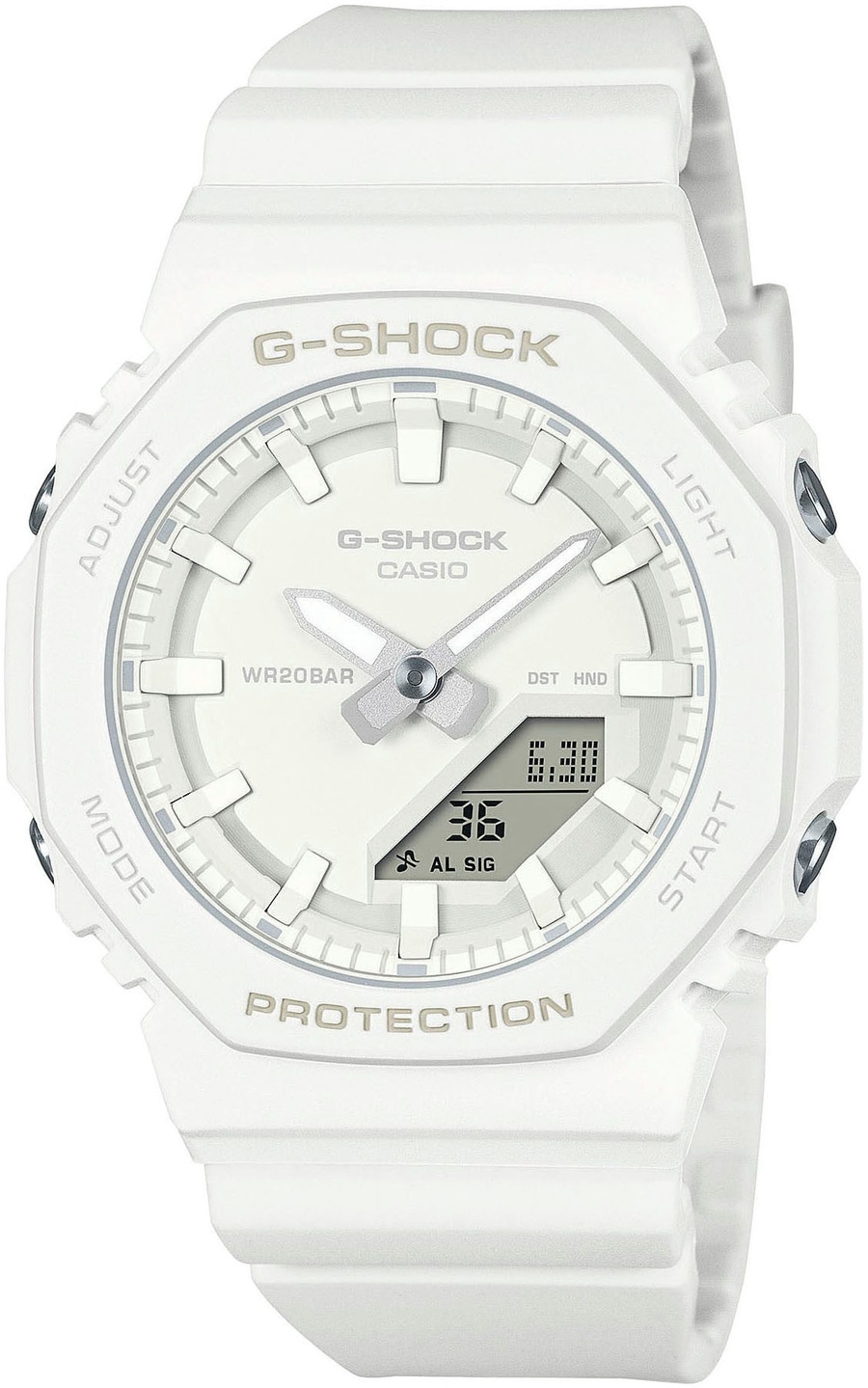 Weiße G-Shock-Uhr mit digitaler Anzeige und analogem Zifferblatt. Wasserdicht und robust.