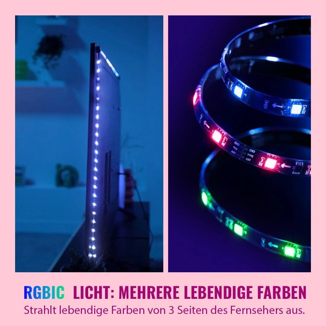 RGBIC Licht für Fernseher mit lebendigen Farben von 3 Seiten.