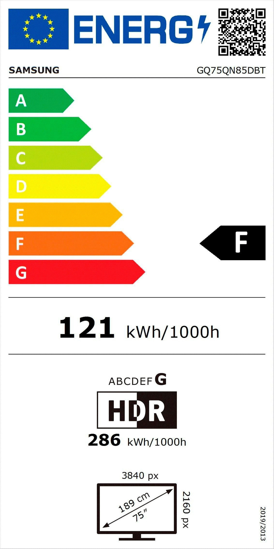 Energieeffizienzlabel Fernseher Samsung GQ75QN85DBT, Energieklasse F, 121 kWh/1000h