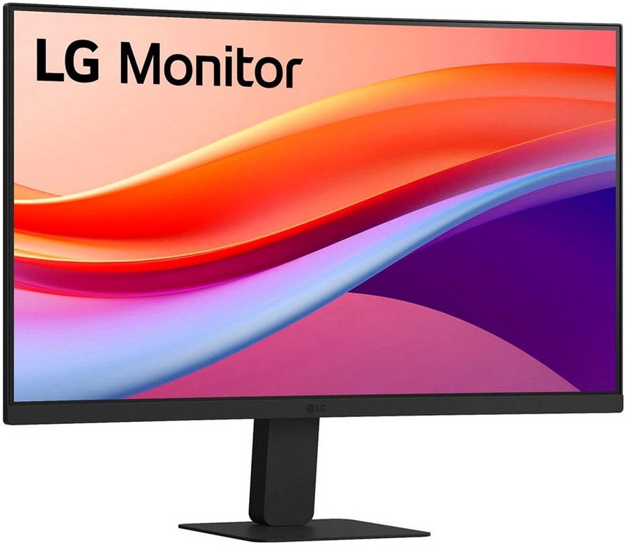 LG Monitor mit farbenfrohem Hintergrund und schwarzem Ständer