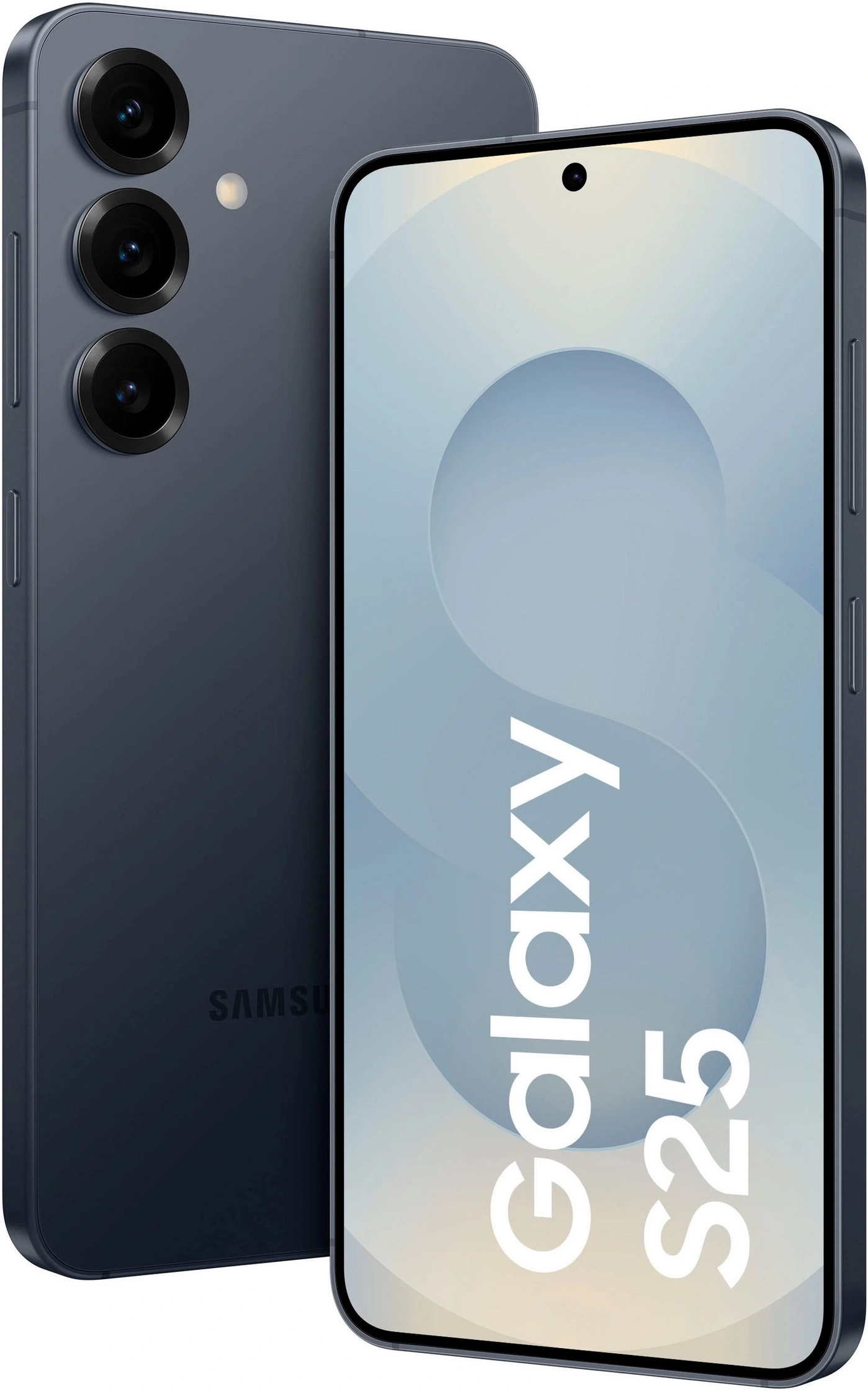 Ein dunkles Samsung Galaxy S25 Smartphone mit drei Kameras auf der Rückseite und einem Display mit Schriftzug.