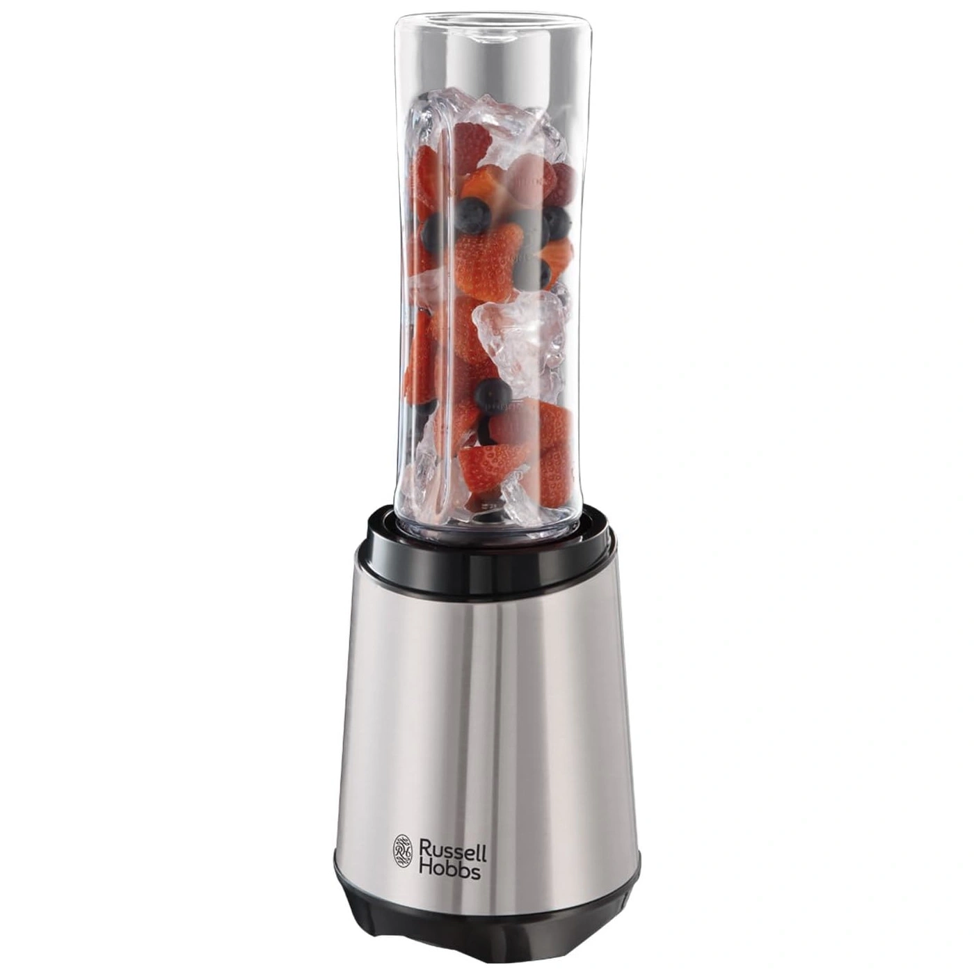 Mixer mit Früchten und Eiswürfeln, Edelstahl-Design, Russell Hobbs Logo