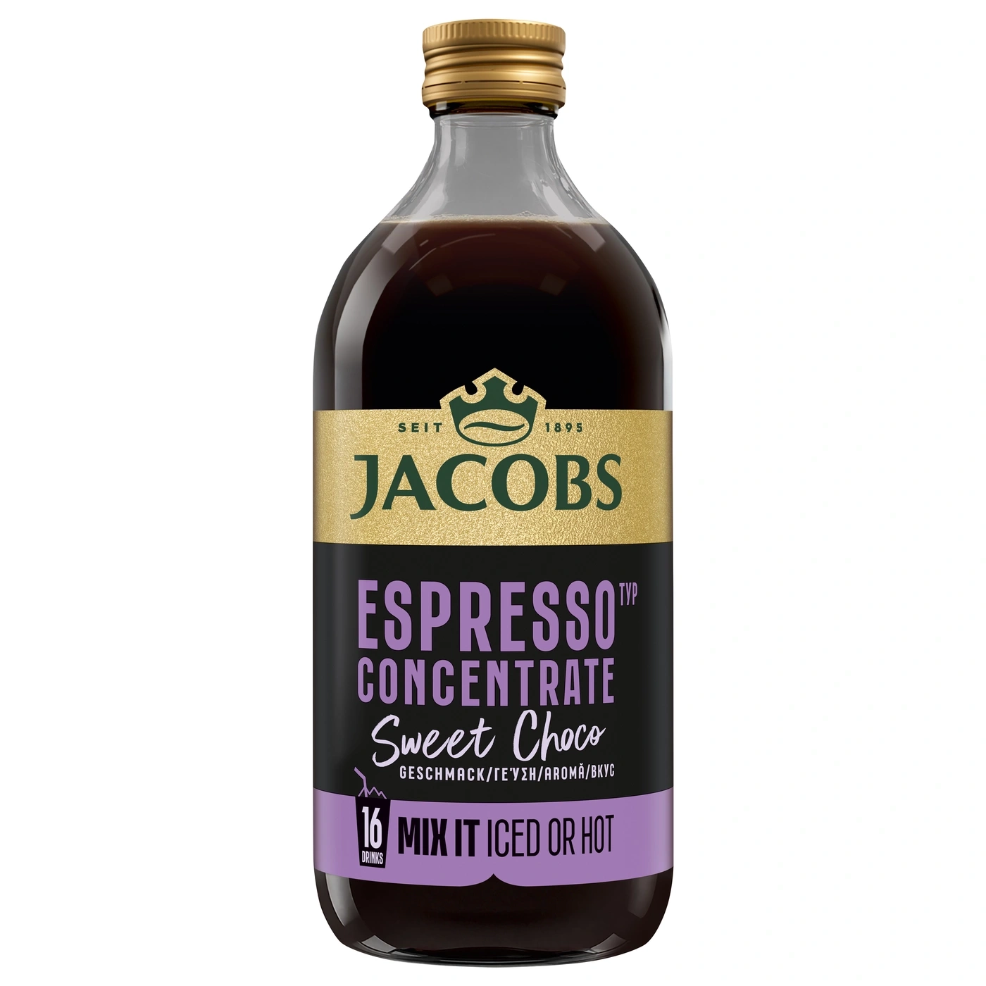 Jacobs Espresso Konzentrat Sweet Choco in Glasflasche mit goldenem Deckel.